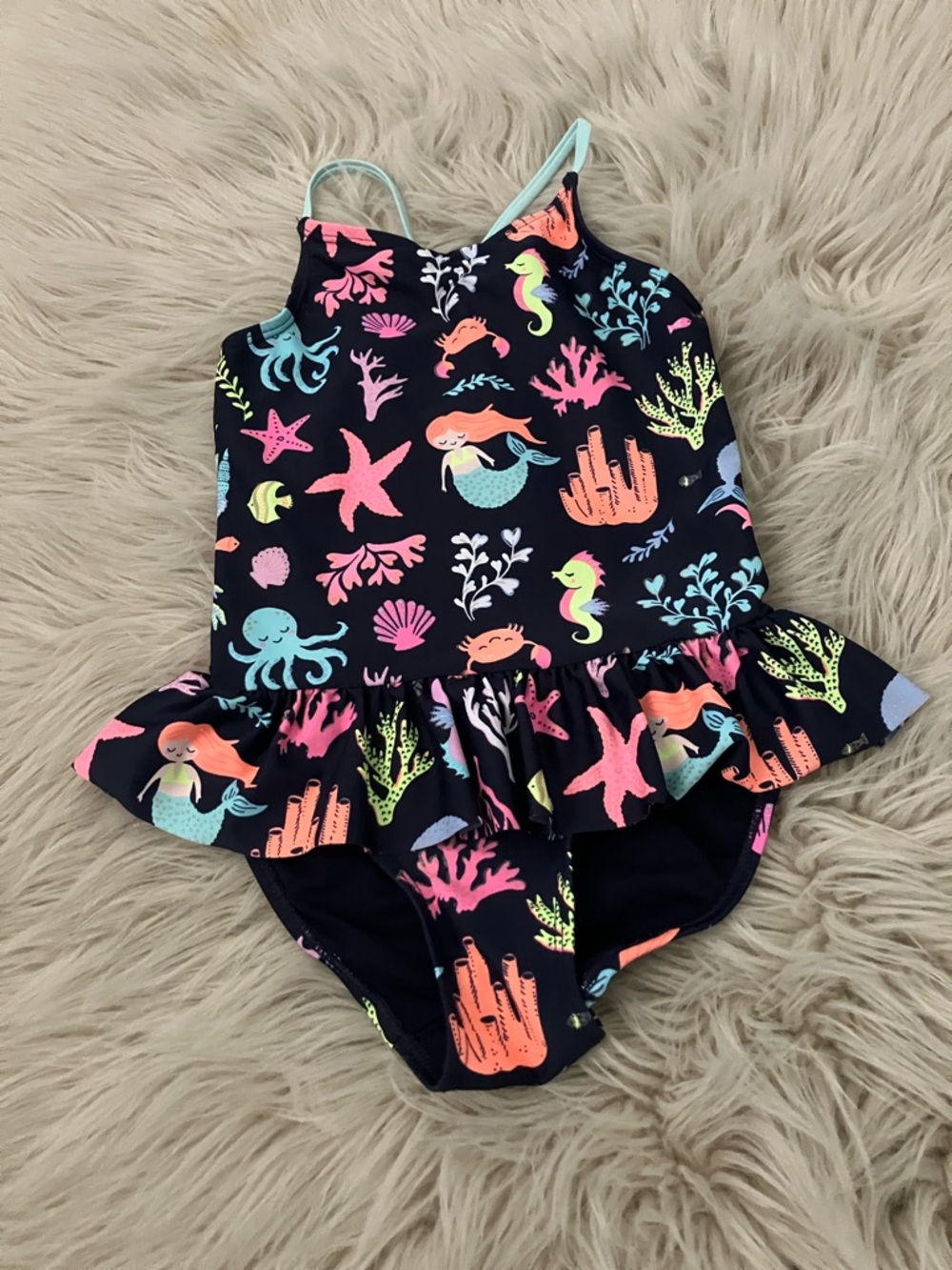H&M girl's swimsuit Little Mermaid" theme with ruffles and Sea Animals print| 4T